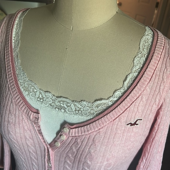 Rare Hollister Y2K vintage pink cable knit 3/4 sleeve Henley top - Picture 5 of 12